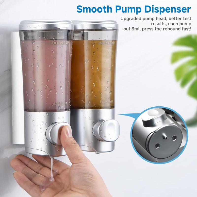 DOLPLEAP Shampoo Conditioner Body Wash Dispenser No Drill Shower Soap Dispenser Wall Mounted Shampoo Dispenser 2 Chamber with Upgrade Pump Head Bathroom Soap Dispenser 450ml/Each Sliver - Image 2